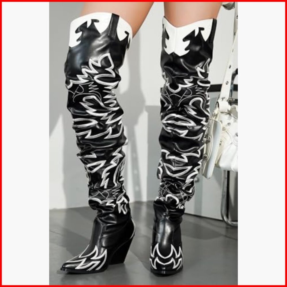 Women's Knee-High Western Boots with Chunky Block Heel - Picture 2 of 7